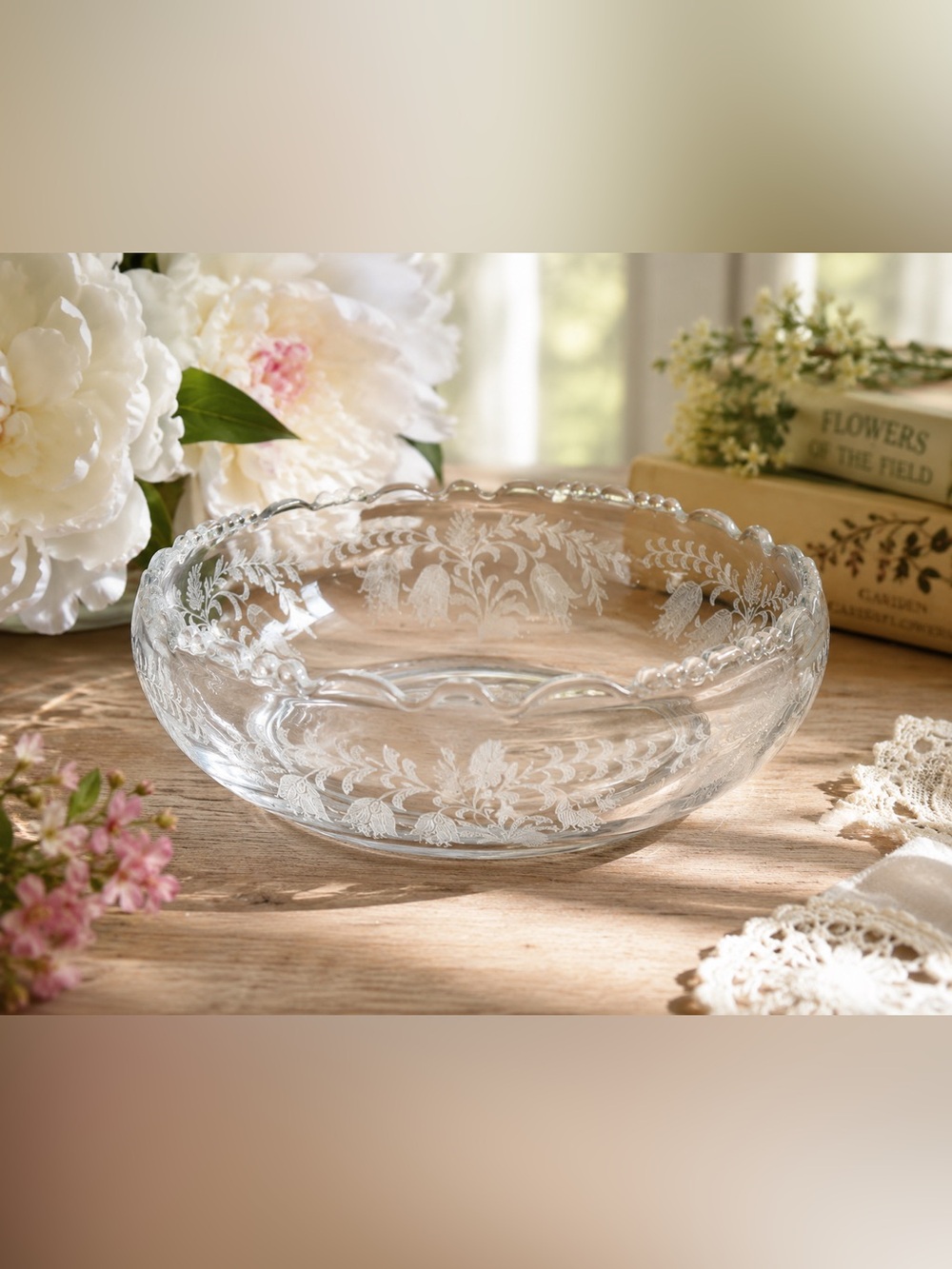 Vintage Tiffin Fuchsia Etched Glass Berry Bowl Floral Cottagecore Serving Dish